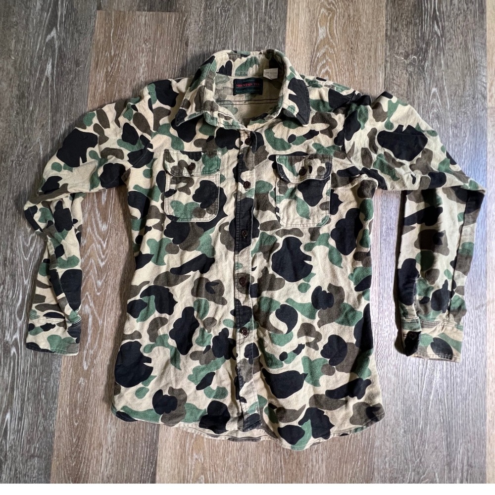 Mountain Tek Flannel Shirt Womens Medium Green Camo Button Front Vintage USA